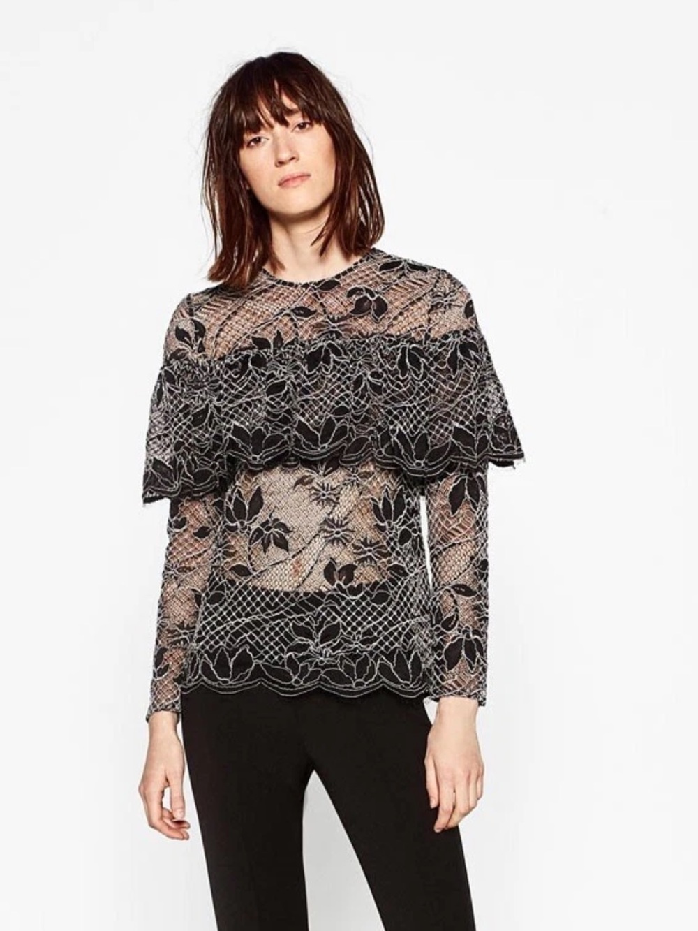 Zara Womens Lace Ruffle Cape Overlay Top Size Small Black White Long Sleeve